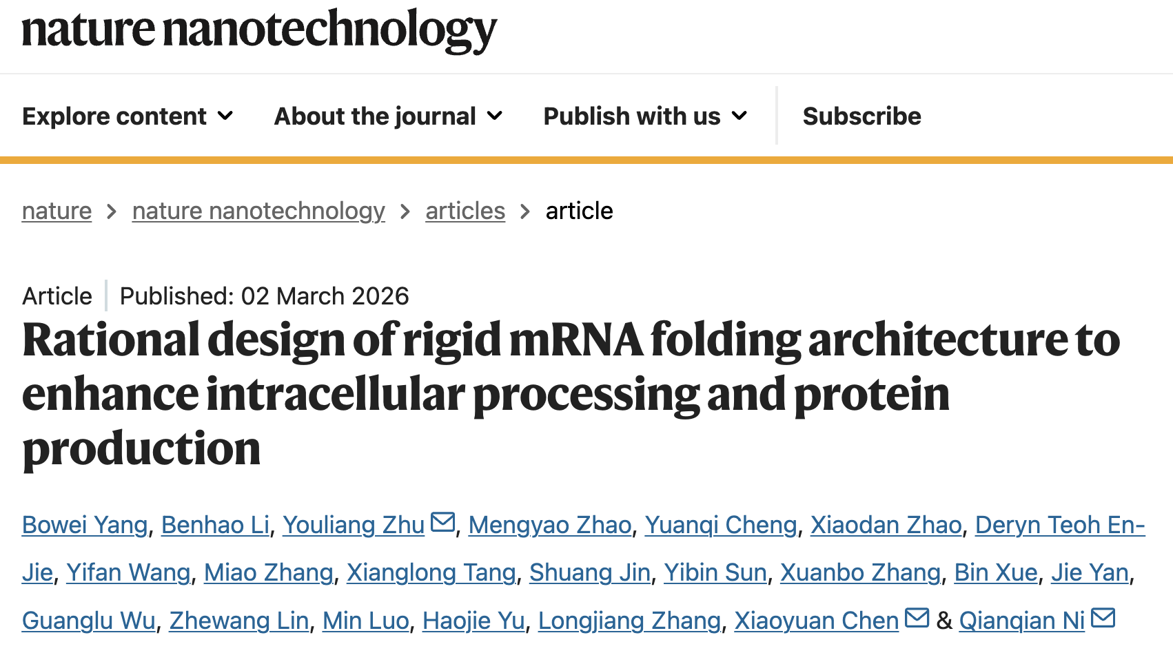 两院院士陈小元加入山东第一医科大学，发表Nature Nanotechnology论文，理性设计mRNA折叠结构以增强蛋白质生成